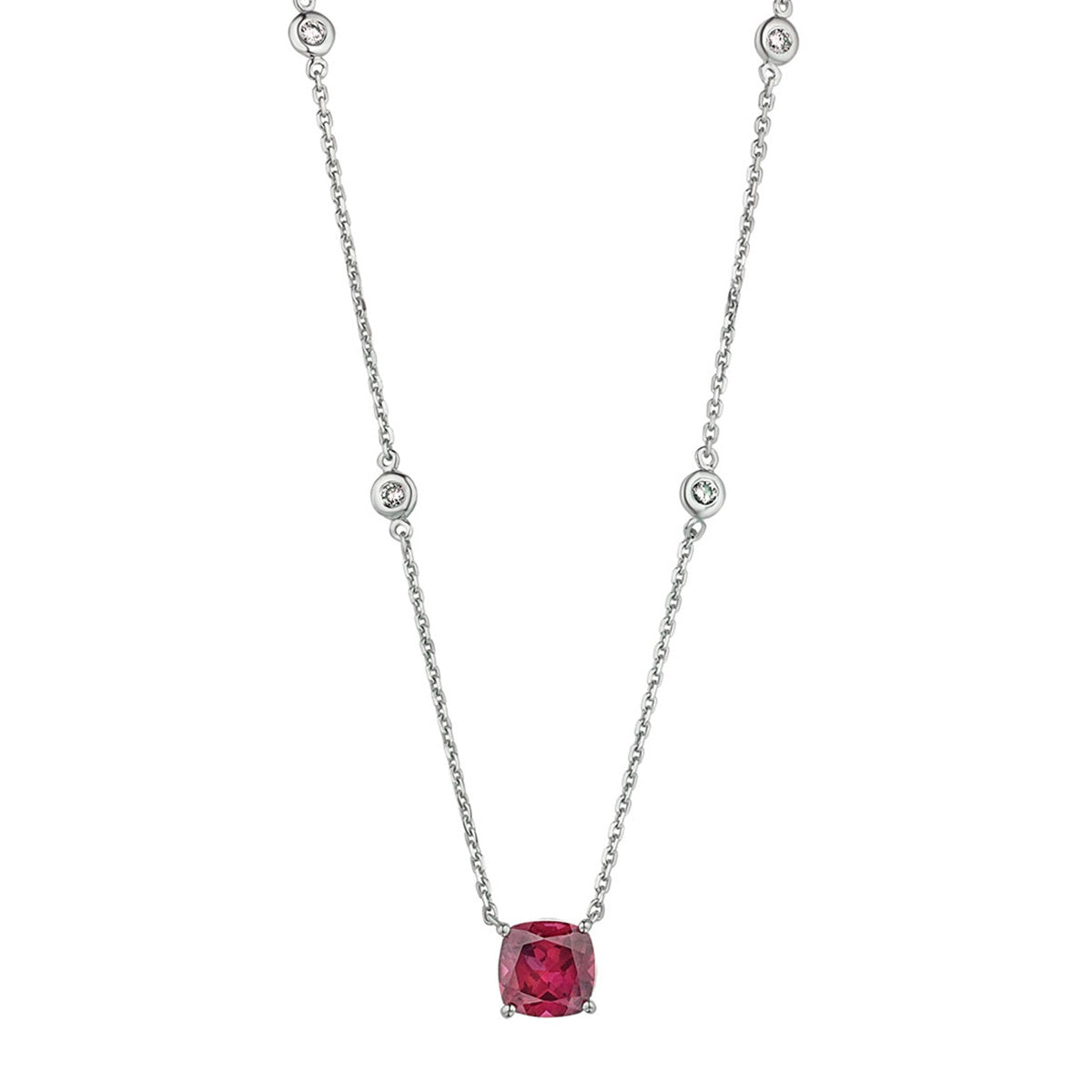 Astra 2.00ct Lab Ruby and Diamond Solitaire Cushion Cut Necklace in Silver